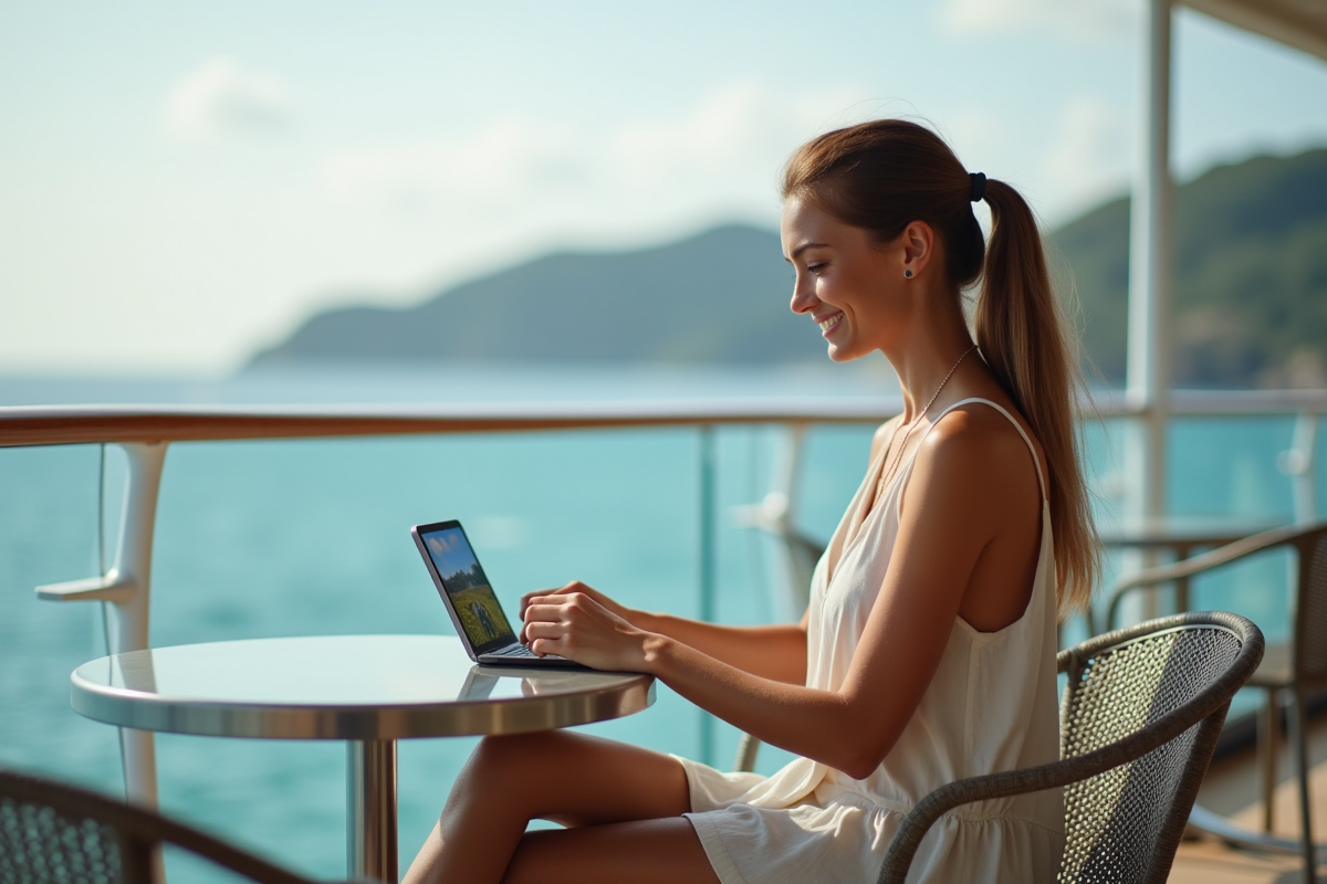 Jeune femme souriante au café en plein air sur le pont du bateau