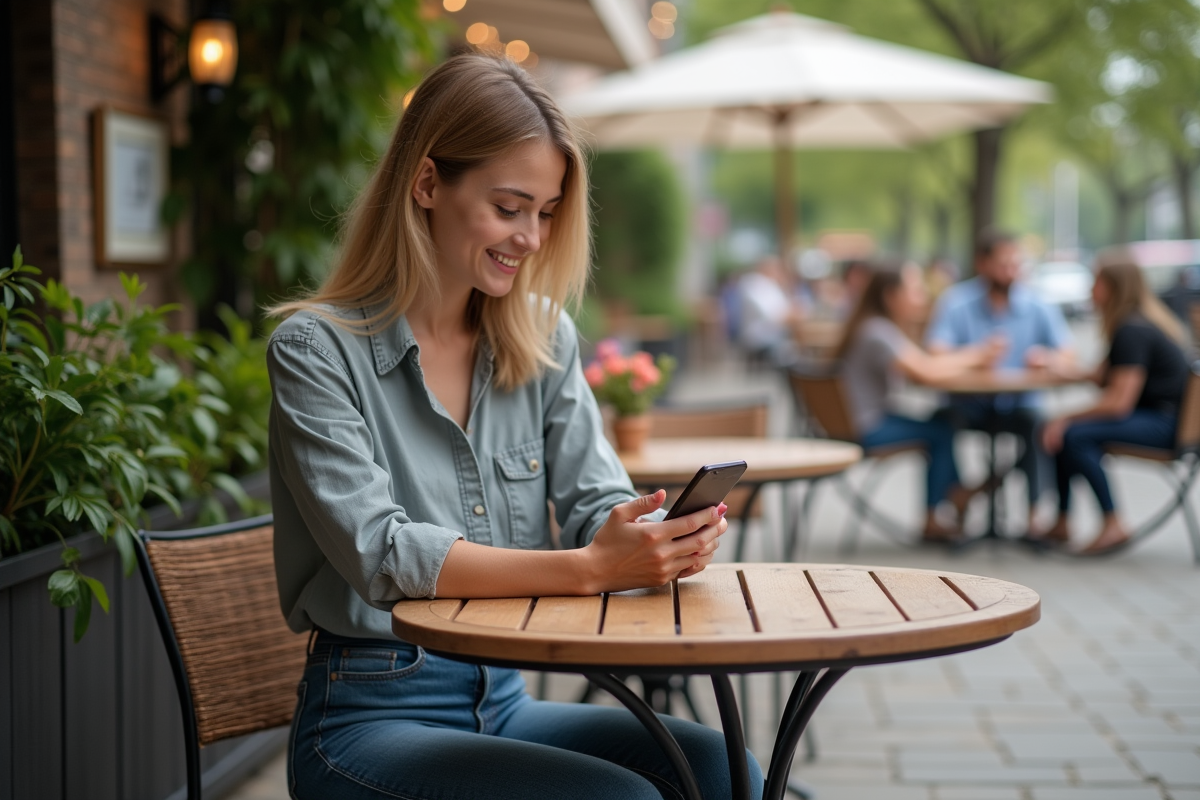 Jeune femme au café regardant son téléphone portable
