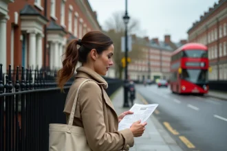 Femme consultant une carte papier dans une rue résidentielle typique de l'East End de Londres pour planifier son itinéraire