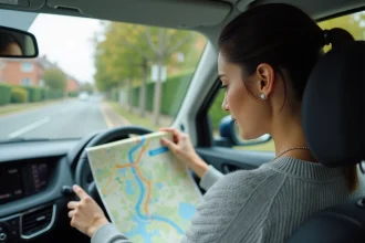 Femme consultant une carte Michelin routière dépliée dans l'habitacle d'une voiture pour planifier un trajet et éviter les bouchons