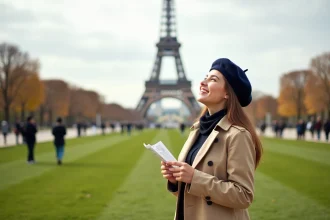 Jeune femme en trench coat beige sur le Champ-de-Mars avec la tour Eiffel en arrière-plan en automne