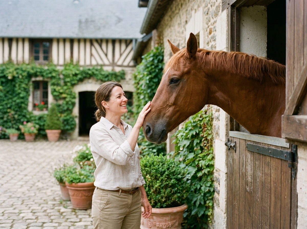 Femme caressant un cheval à la porte d'une écurie dans un manoir normand en Calvados