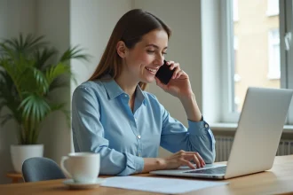 Femme contactant Air Algérie depuis son domicile pour modifier un billet d'avion par téléphone
