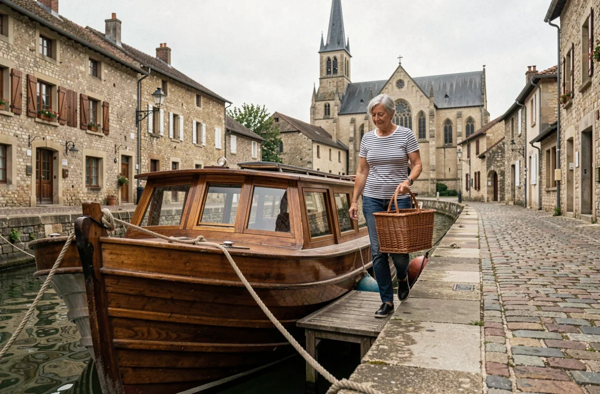 Femme débarquant d'une péniche amarrée au quai d'un village médiéval de Bourgogne