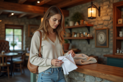Femme déballant une serviette en coton dans un cadre rustique