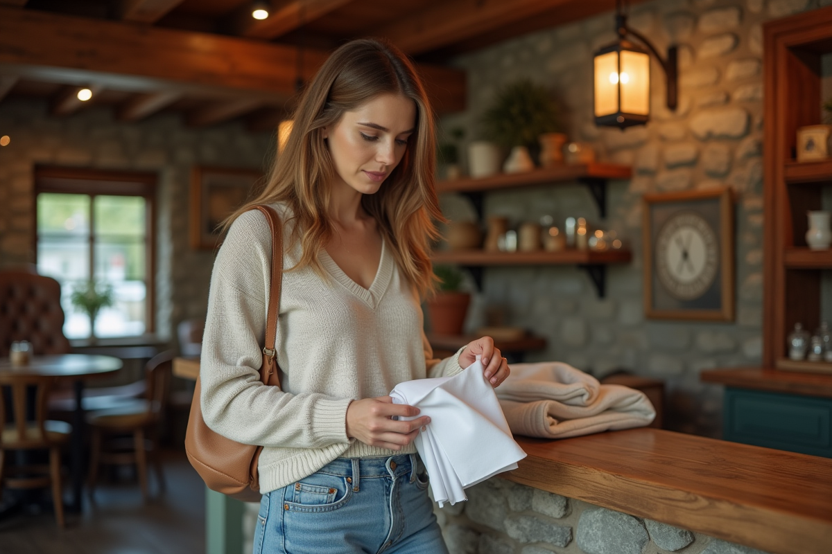 Femme déballant une serviette en coton dans un cadre rustique