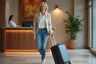 Femme souriante en check-in à l'hôtel dans un lobby moderne