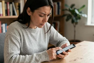 Femme enregistrant un numéro de téléphone international avec l'indicatif 0039 dans son smartphone