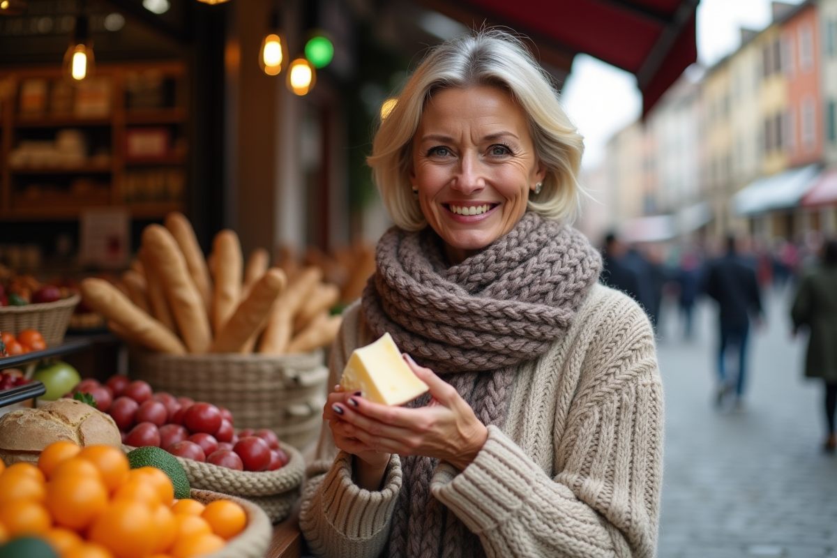 Femme souriante dégustant un fromage au marché artisanal