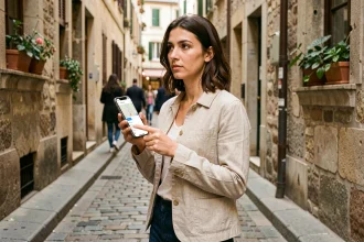 Femme consultant Google Maps itinéraire à pied sur smartphone dans une ruelle pavée européenne