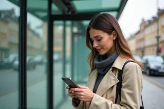 Femme consultant un itinéraire de bus sur son smartphone à un arrêt de bus urbain moderne