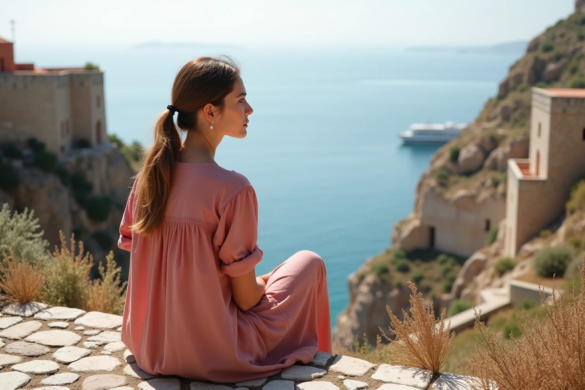 Femme assise sur un chemin pavé près du Kastro de Folegandros avec vue sur la mer et les remparts médiévaux