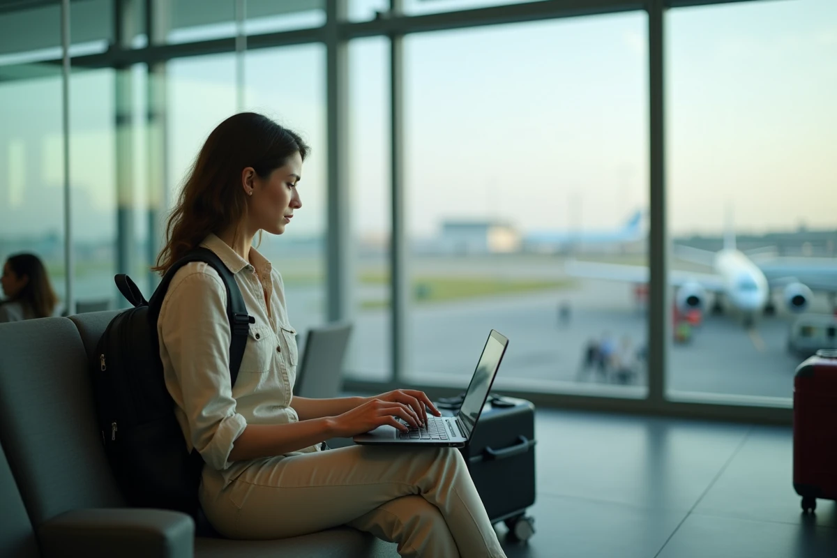 Jeune femme à l'aéroport avec ordinateur portable