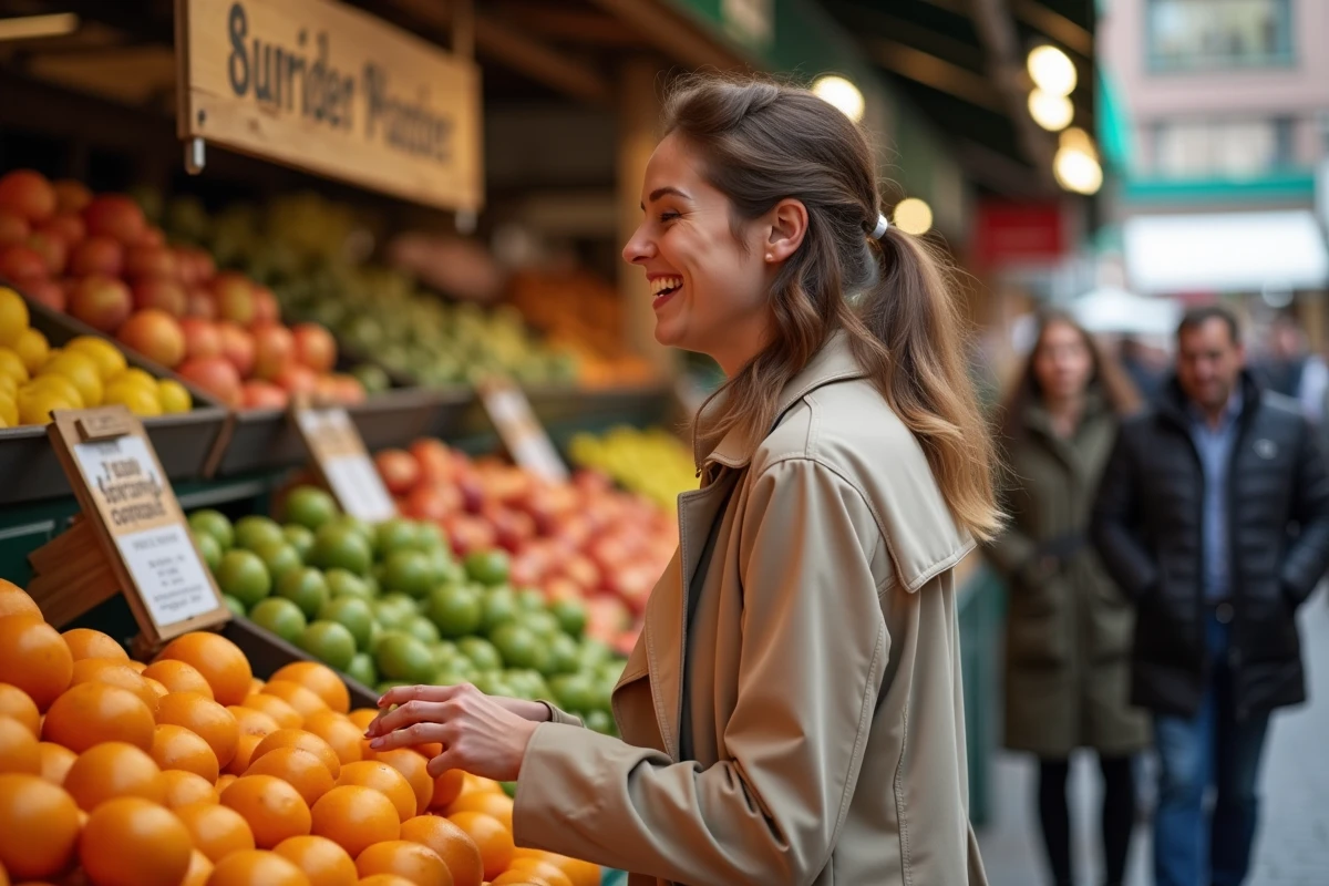 Jeune femme belge souriante au marché de Liège