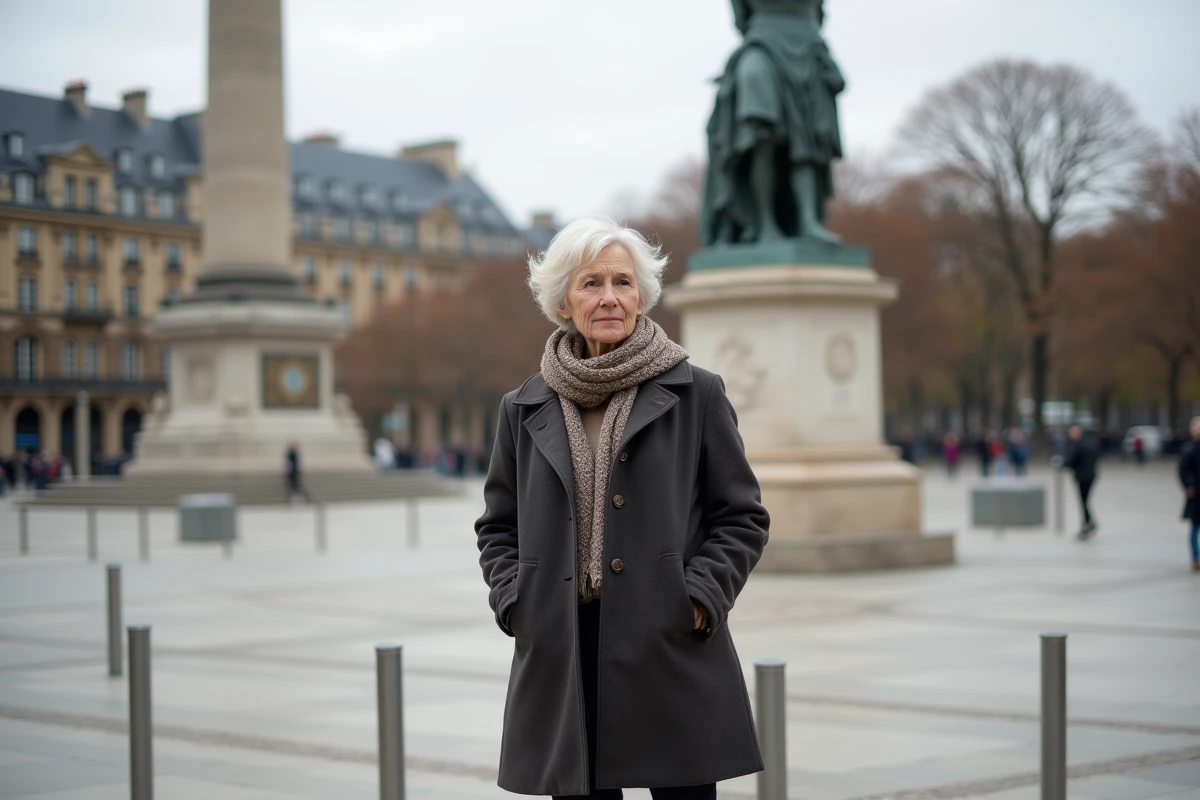 Femme en manteau devant la statue Marianne à Paris