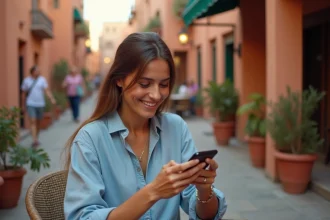 Jeune femme marocaine consultant WhatsApp sur son smartphone dans un café de la médina de Marrakech