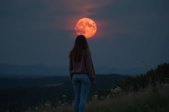 Femme contemplant la lune rouge la nuit sur une colline