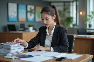 Jeune femme organise papiers de voyage au bureau