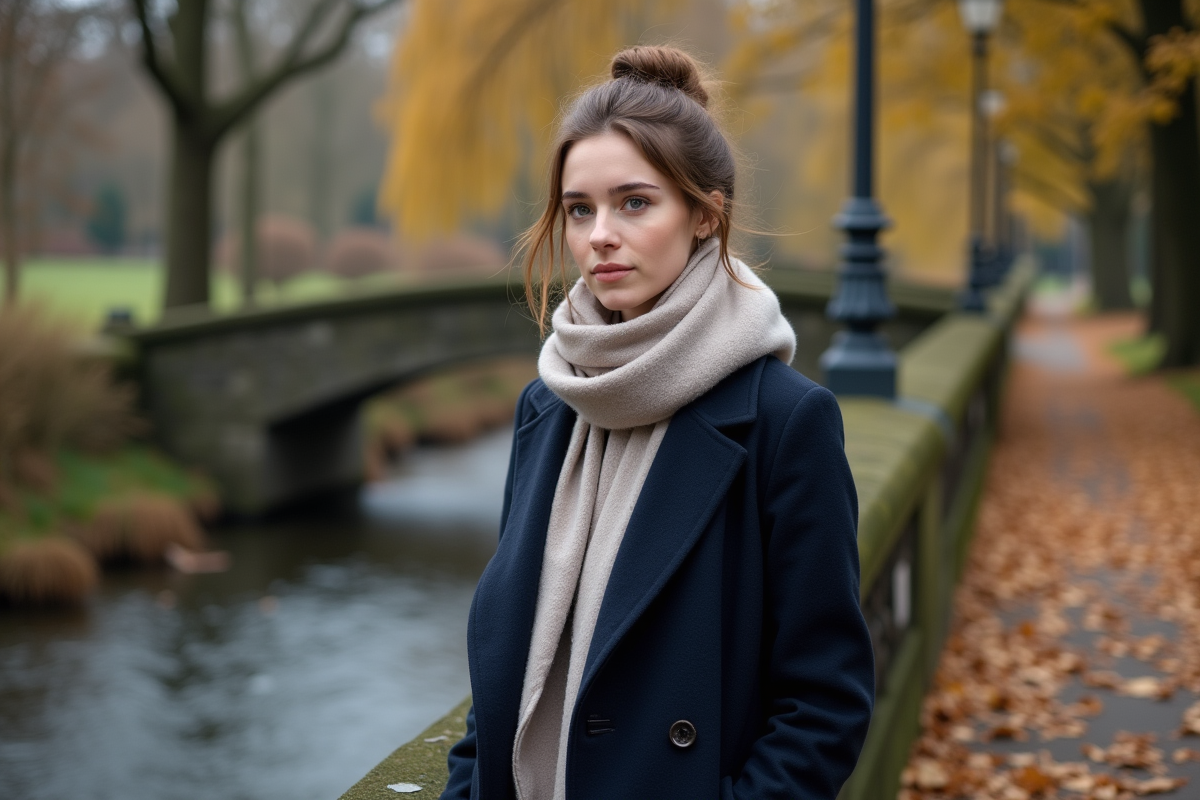 Femme en manteau dans un parc automnal calme
