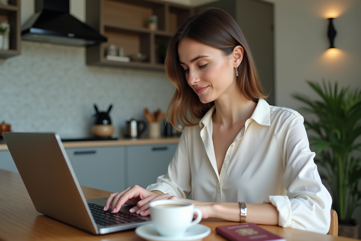 Femme tapant son passeport sur un laptop à la maison
