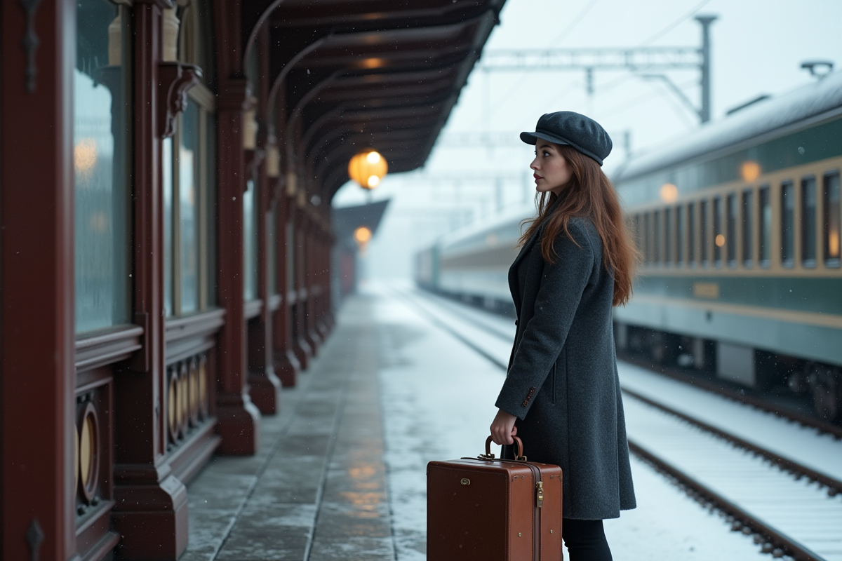 Jeune femme sur plateforme avec train transsiberien