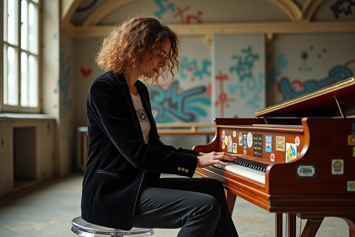 Femme jouant du clavecin dans un espace de répétition lumineux