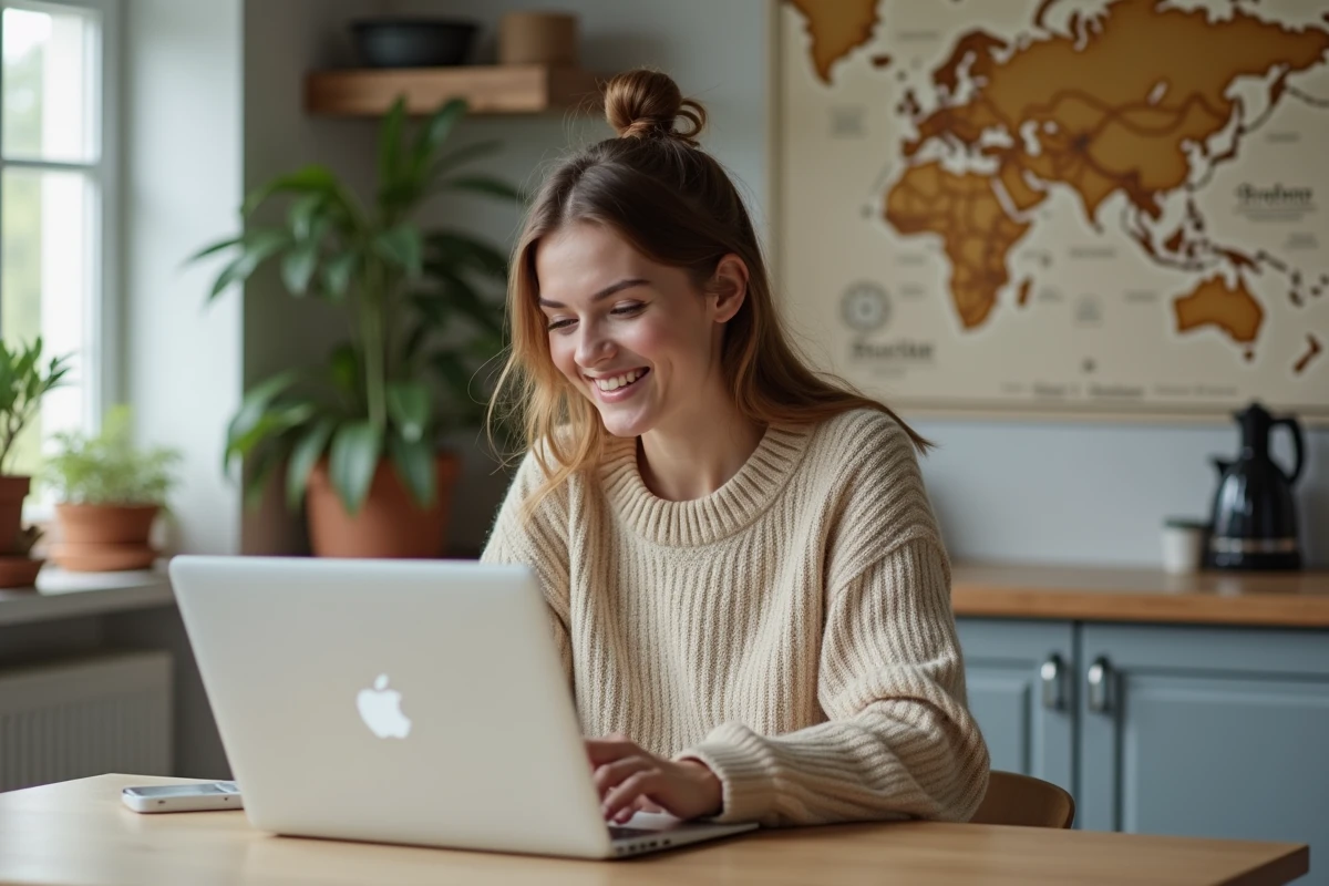 Jeune femme cherchant des offres de voyage sur un laptop