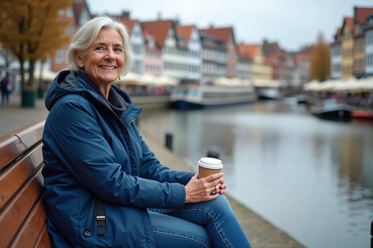 Femme souriante au bord de la rivière en ville allemande