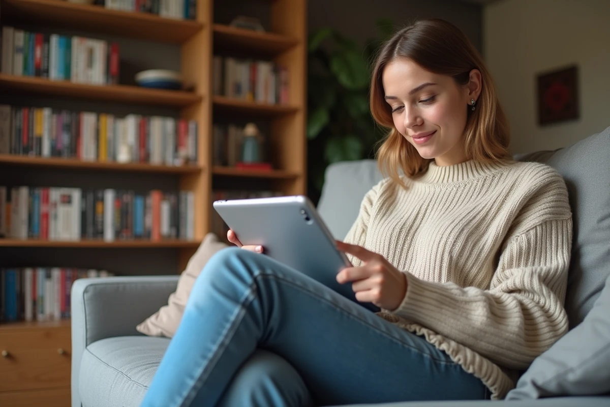 Jeune femme détendue utilisant Zinchan sur tablette dans un salon
