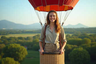 Jeune femme souriante dans un panier de ballon en plein air