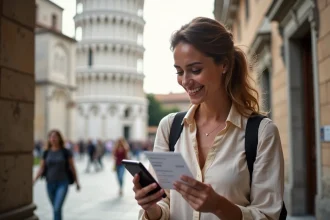 Femme souriante à Pisa tenant son billet et regardant son smartphone