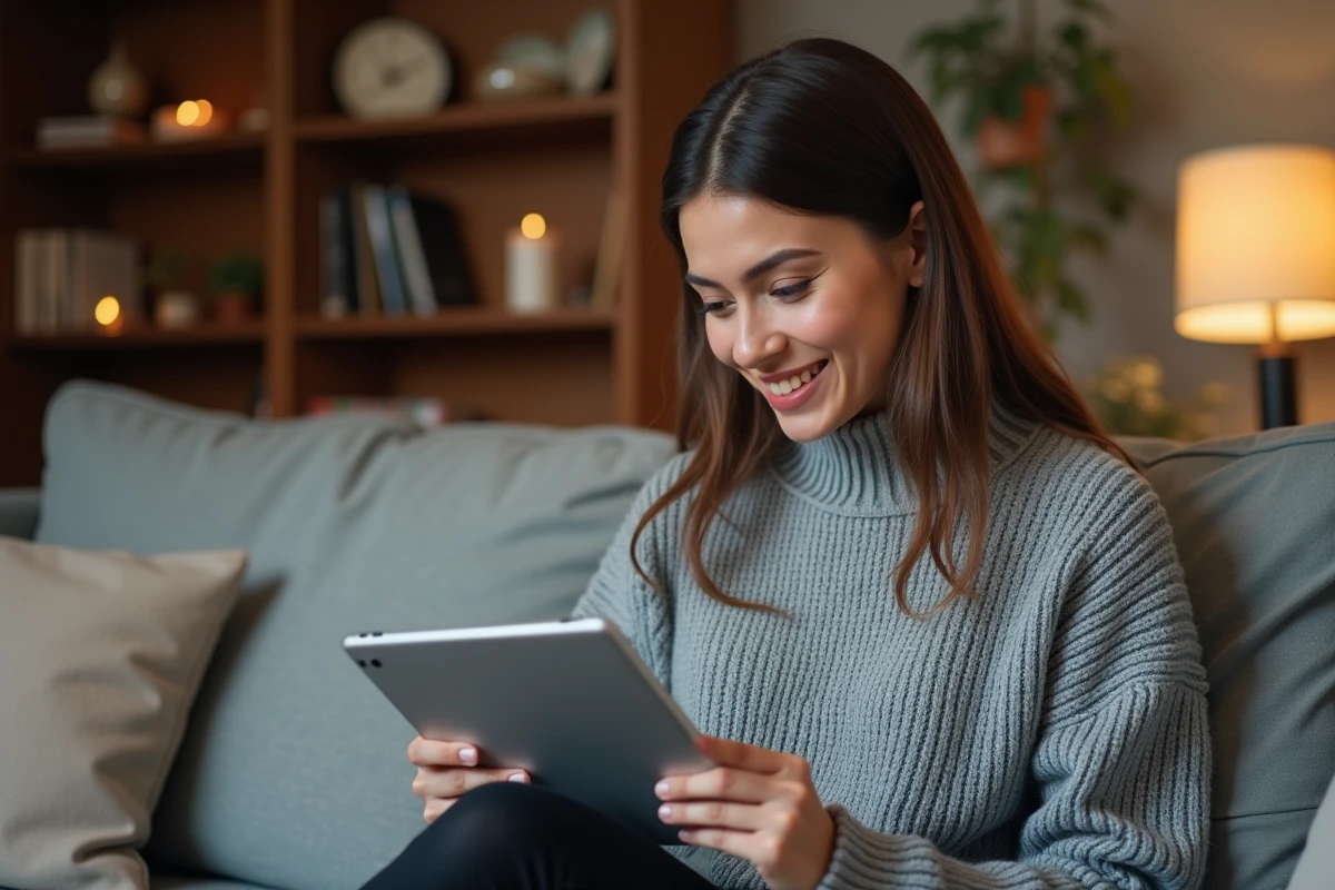 Femme consultant le site Air Algérie sur tablette depuis son salon pour modifier une réservation en ligne