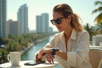 Femme consultant sa montre sur une terrasse avec vue sur le skyline de Miami, illustrant le décalage horaire