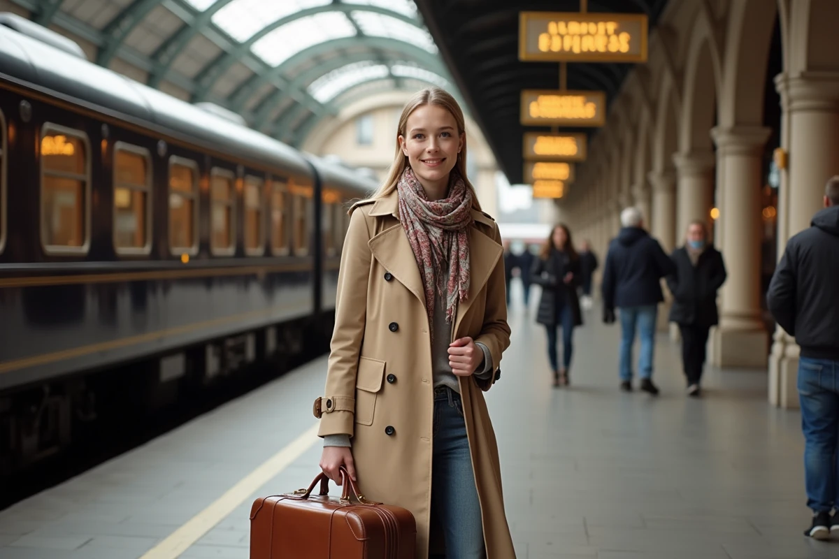 Jeune femme souriante sur une plateforme de train moderne