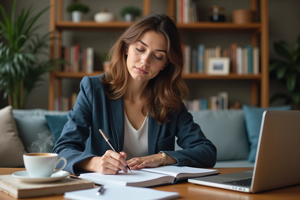 Jeune femme concentrée à son bureau à la maison avec notes et café