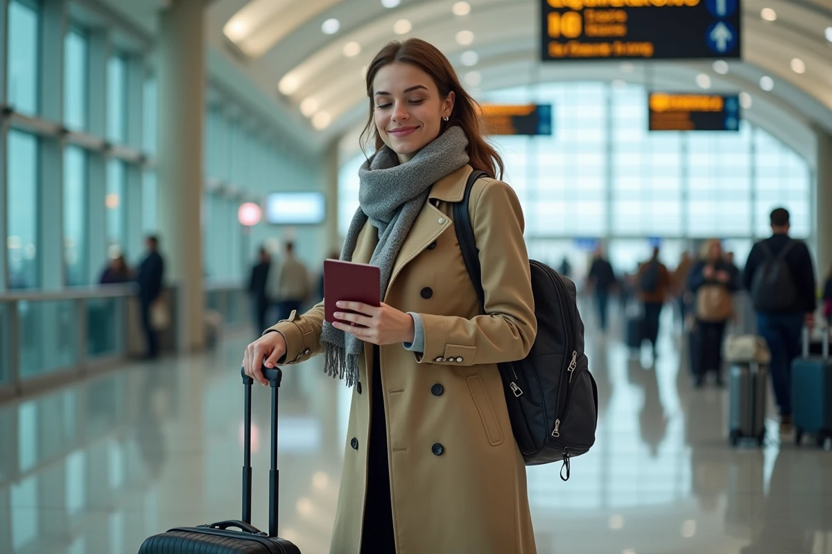 Jeune femme avec trench et valise à Charles de Gaulle