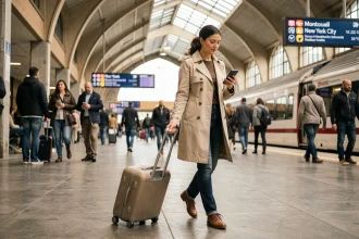 Femme en trench-coat tirant une valise cabine sur le quai d'une gare intercités Montréal–New York