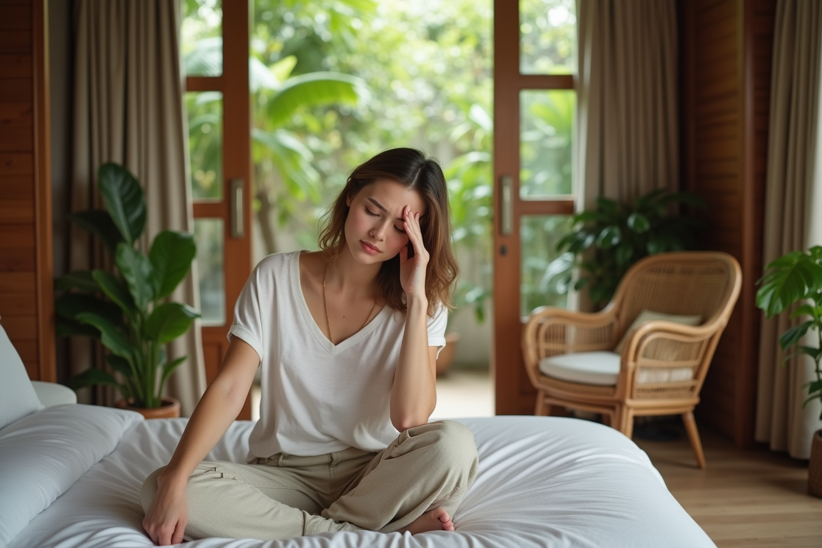 Jeune femme assise en villa balinaise détente