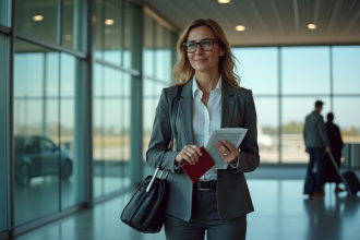 Femme française d affaires à l aéroport avec valise