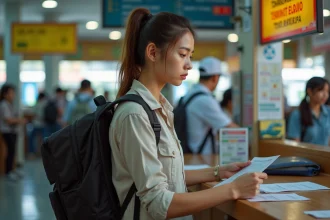 Jeune femme voyageuse vérifiant ses documents à Bangkok