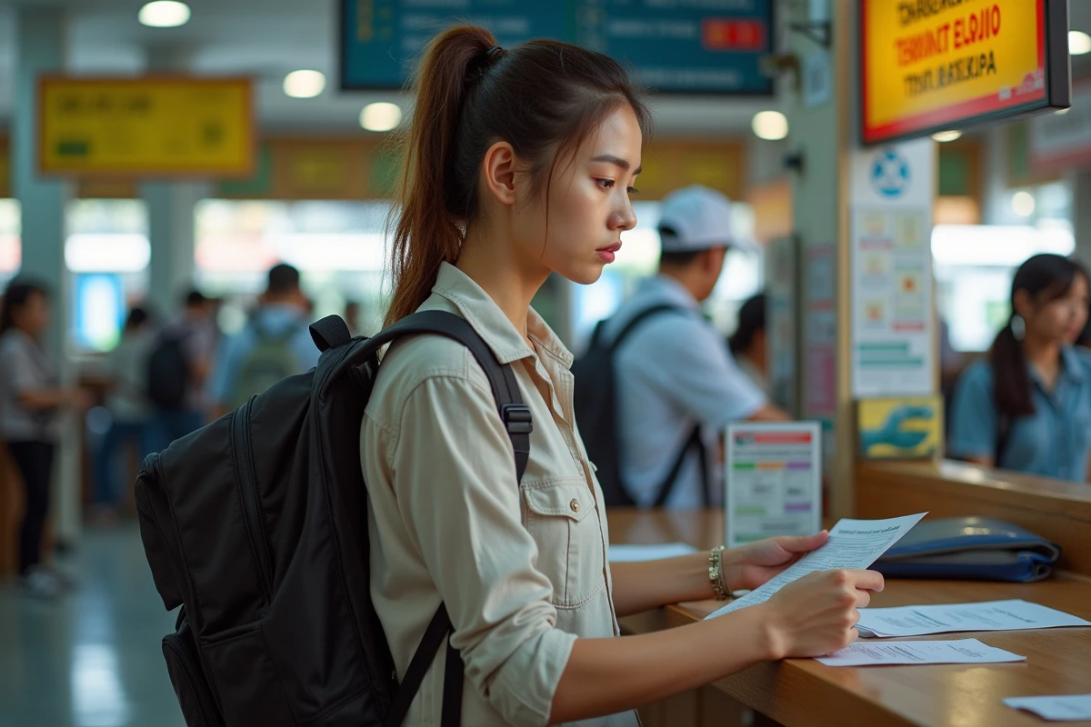 Jeune femme voyageuse vérifiant ses documents à Bangkok