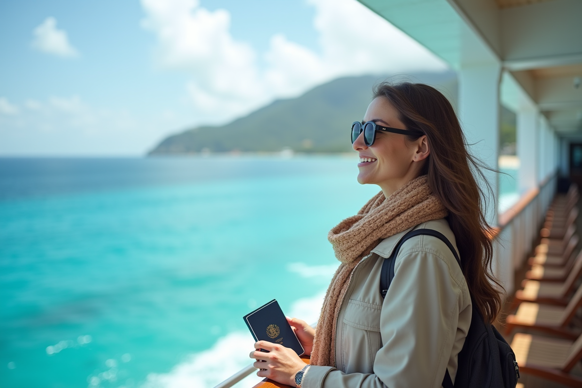 Femme souriante sur le pont d'un bateau de croisière avec mer turquoise