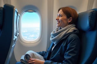 Femme souriante en voyage en classe économique avion