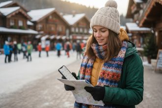 Jeune femme vérifiant une carte en hiver à la montagne