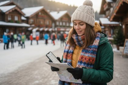 Jeune femme vérifiant une carte en hiver à la montagne