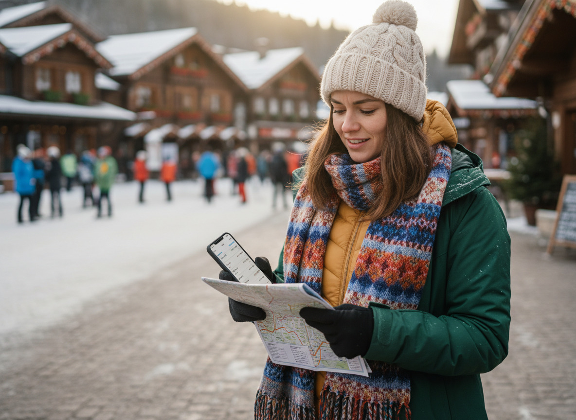 Jeune femme vérifiant une carte en hiver à la montagne