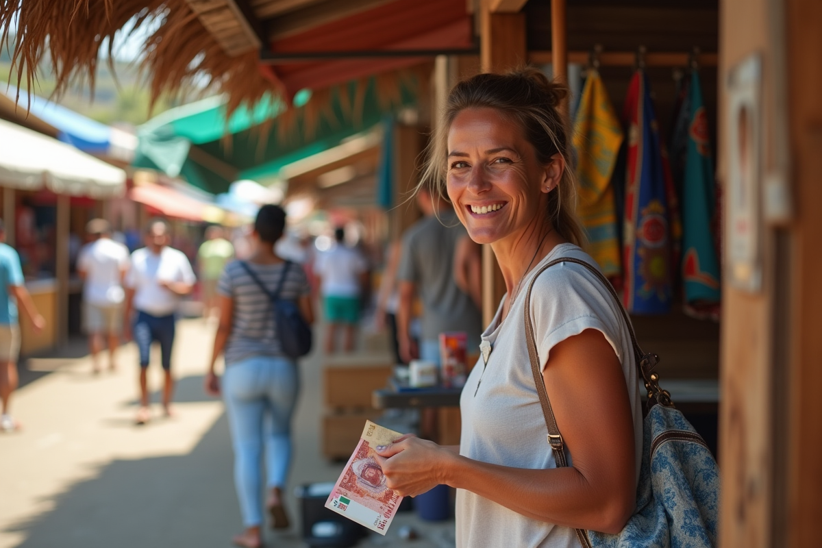 Femme voyageuse souriante échangeant des billets à Saint-Denis