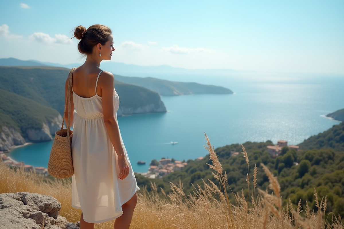 Jeune femme contemplant la côte de Corse depuis un point de vue