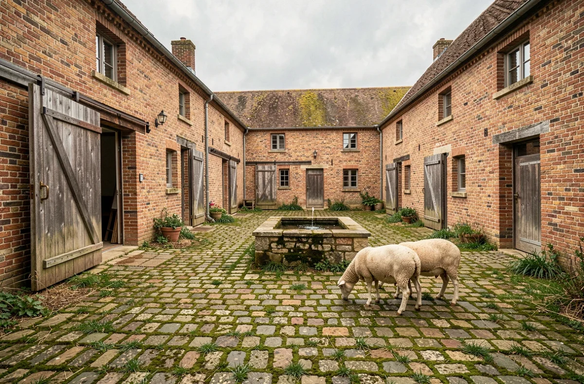 Cour intérieure de La Ferme Brasme avec ses bâtiments agricoles en briques, ses portes en bois vieilli et deux moutons paissant près d'un abreuvoir en pierre