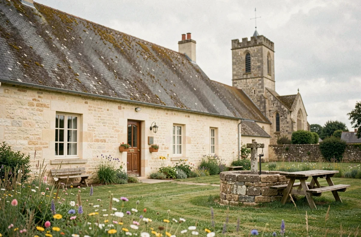 La Ferme de l'Église à Sainte-Mère-Église avec le clocher historique visible en arrière-plan